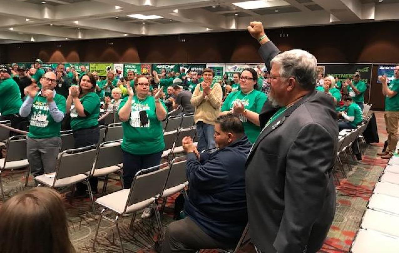 AFSCME members give Council 61 president Danny Homan a standing ovation after he shares his powerful and motivating story about how GOP lawmakers are trying to destroy public sector unions in Iowa.