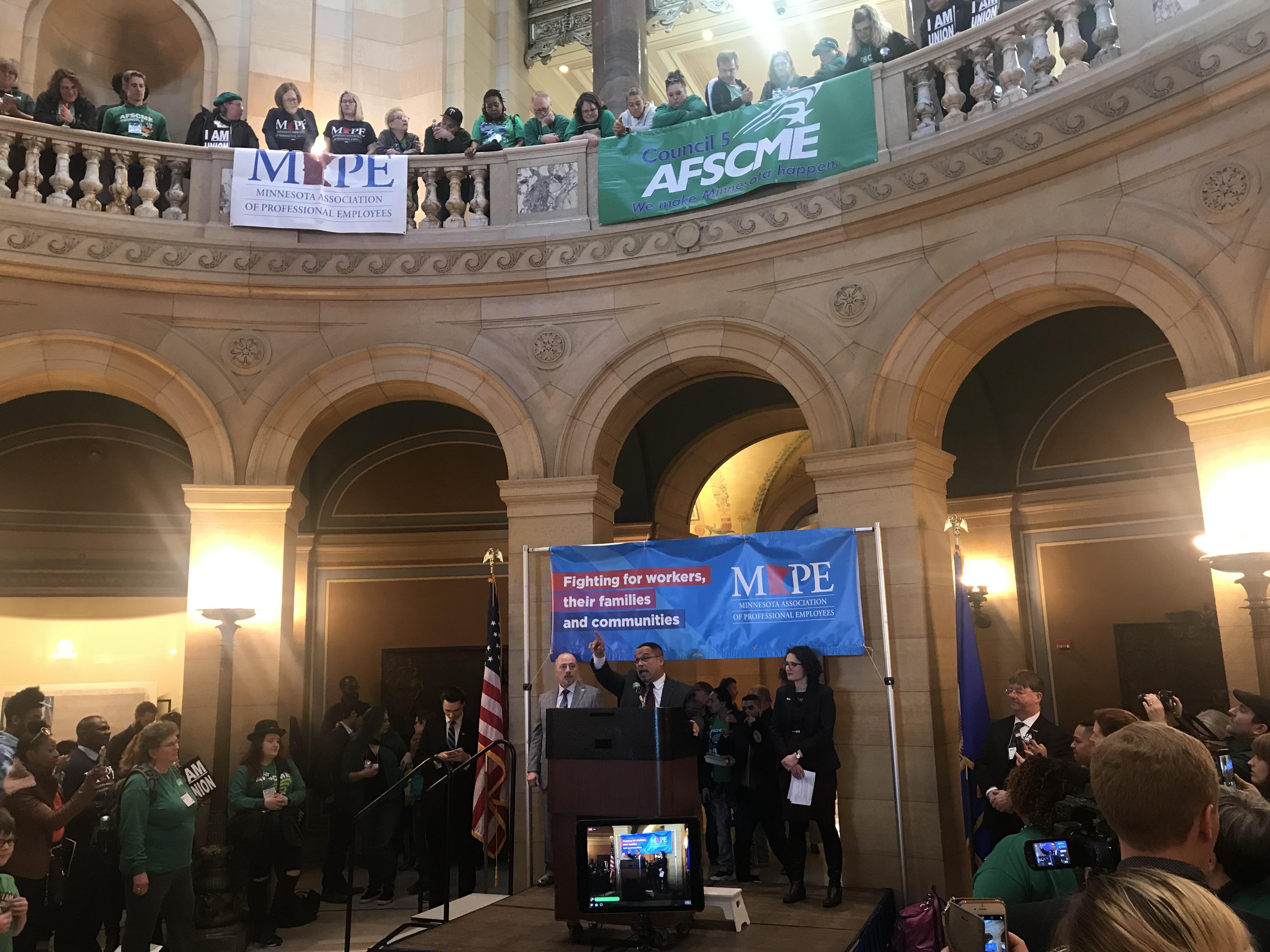 Attorney General Keith Ellison speaks at the AFSCME/MAPE rally